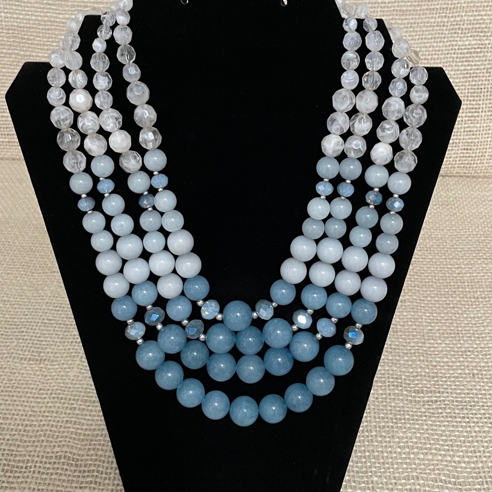 Chicos Multi Strand Beaded Necklace Blue White Faceted Accent Clasp Closure 16in